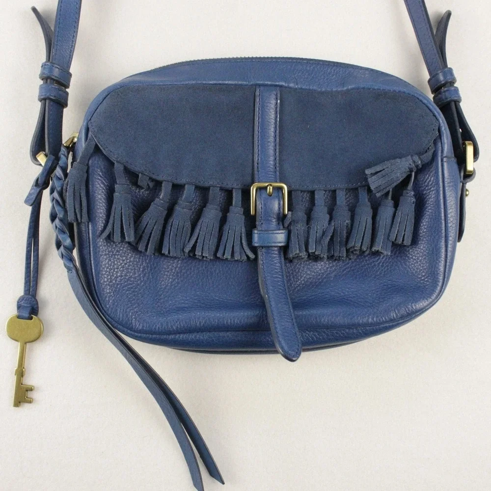 Fossil Kendall Crossbody Bag Blue Leather‎ Fringe Tassel Key Charm Strap